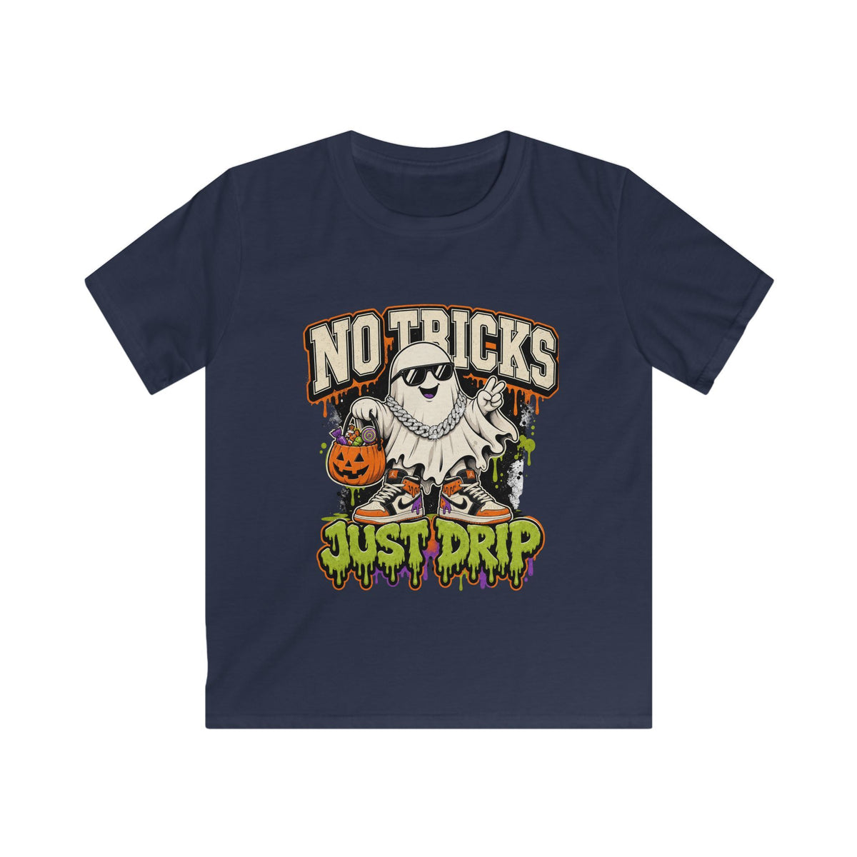 Kids Halloween T‑Shirt — "No Tricks Just Drip" Ghost Graphic