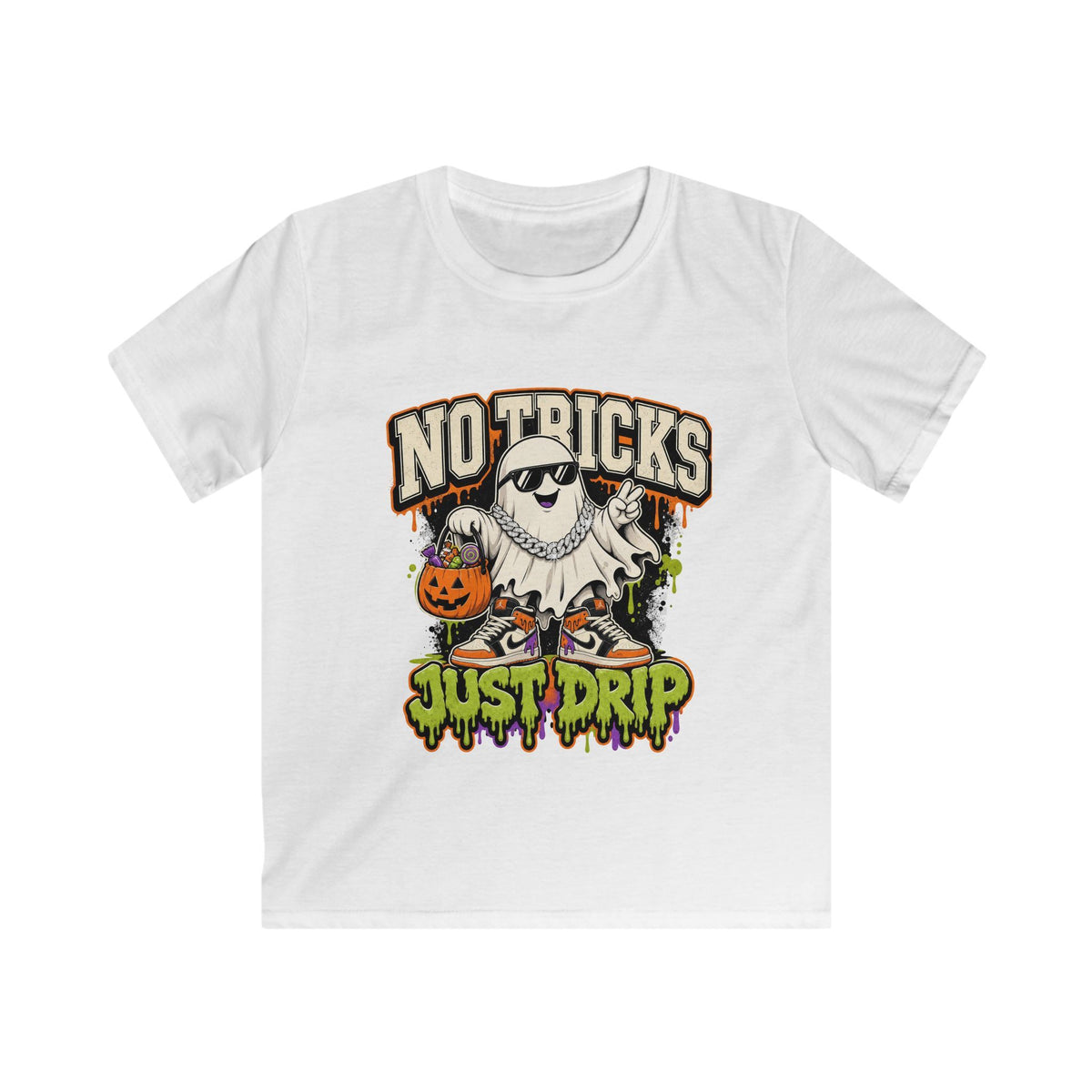 Kids Halloween T‑Shirt — "No Tricks Just Drip" Ghost Graphic