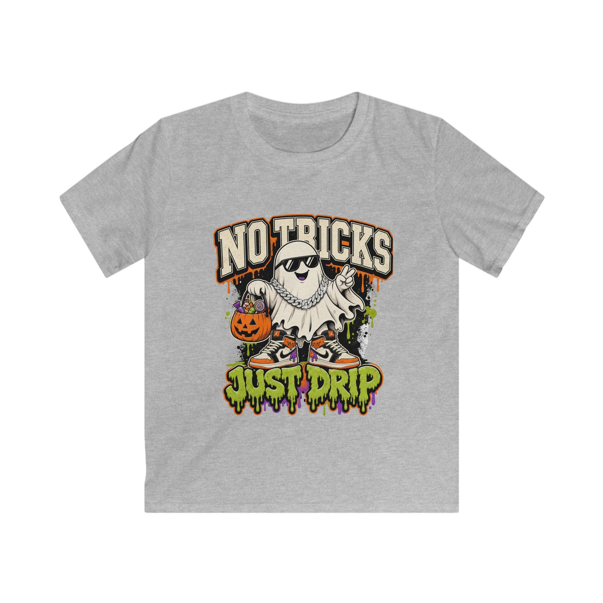 Kids Halloween T‑Shirt — "No Tricks Just Drip" Ghost Graphic