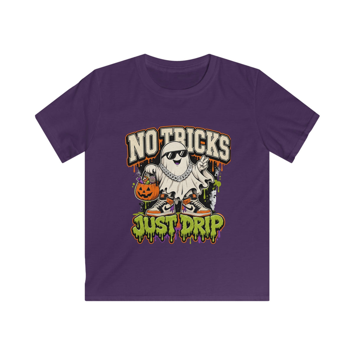 Kids Halloween T‑Shirt — "No Tricks Just Drip" Ghost Graphic