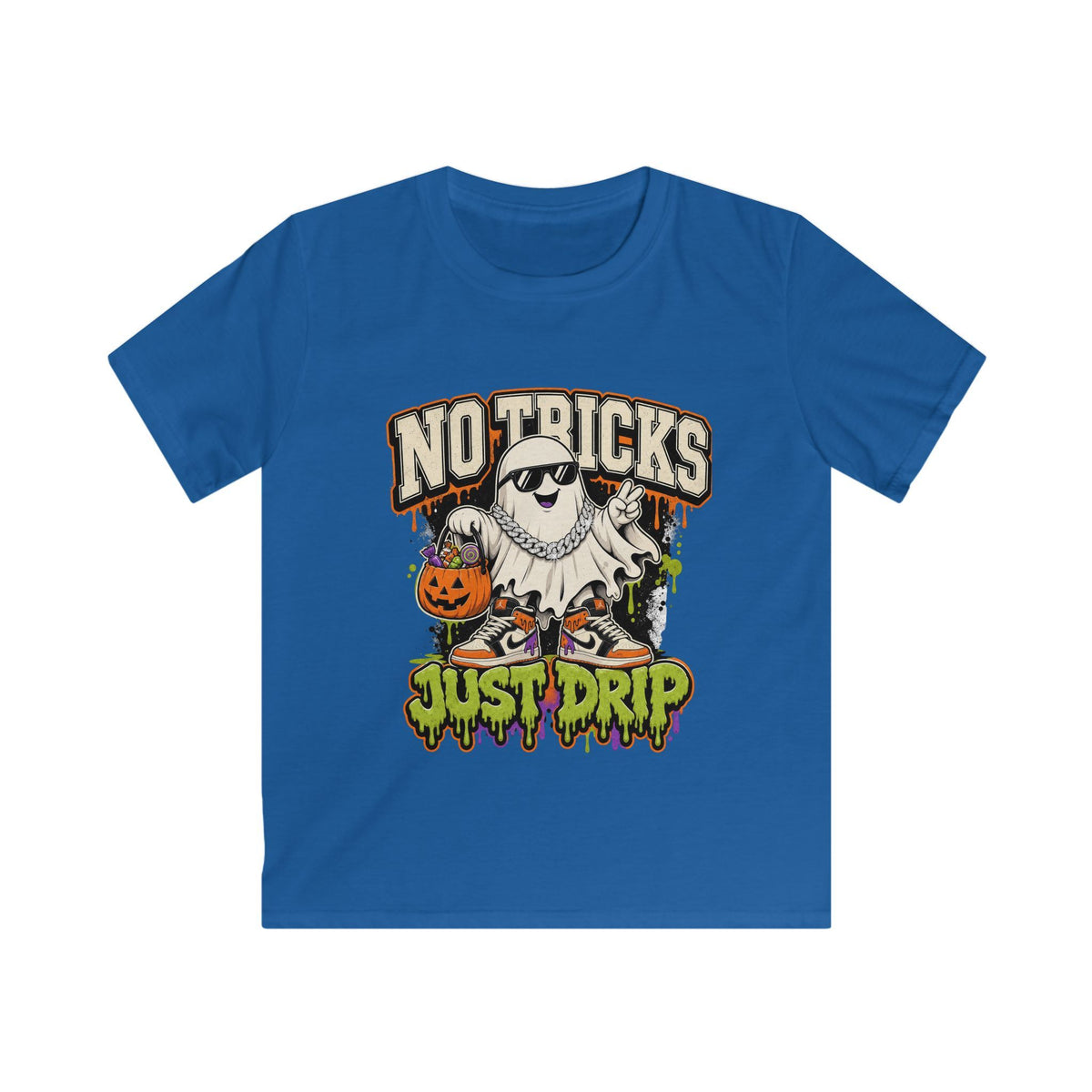Kids Halloween T‑Shirt — "No Tricks Just Drip" Ghost Graphic