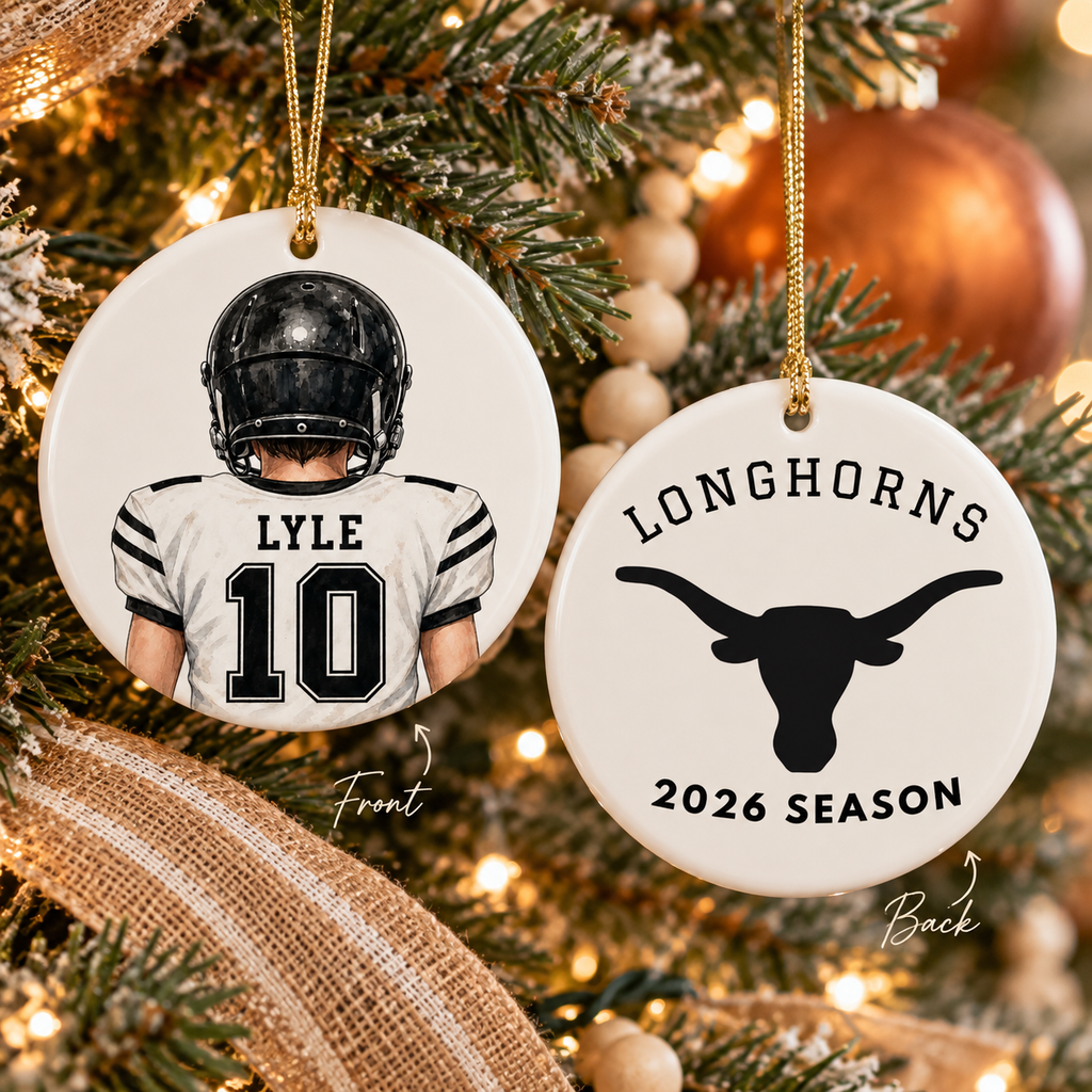 Personalized Football Ornament — Custom Name & Number Longhorns 2026 Season Ceramic Holiday Decoration