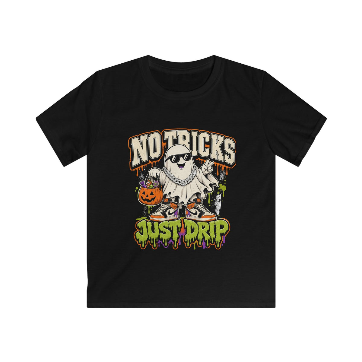 Kids Halloween T‑Shirt — "No Tricks Just Drip" Ghost Graphic